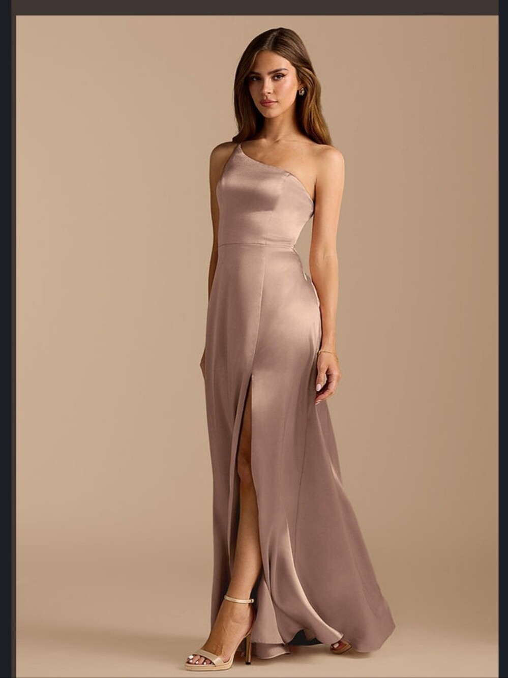 Azazie Trina One-Shoulder Satin Gown in Taupe